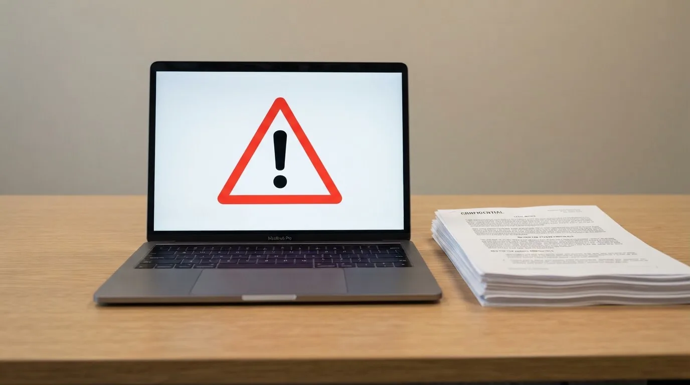 A red triangular warning sign icon on a laptop screen next to a stack of legal papers, symbolising an official caution rather than any specific website.
