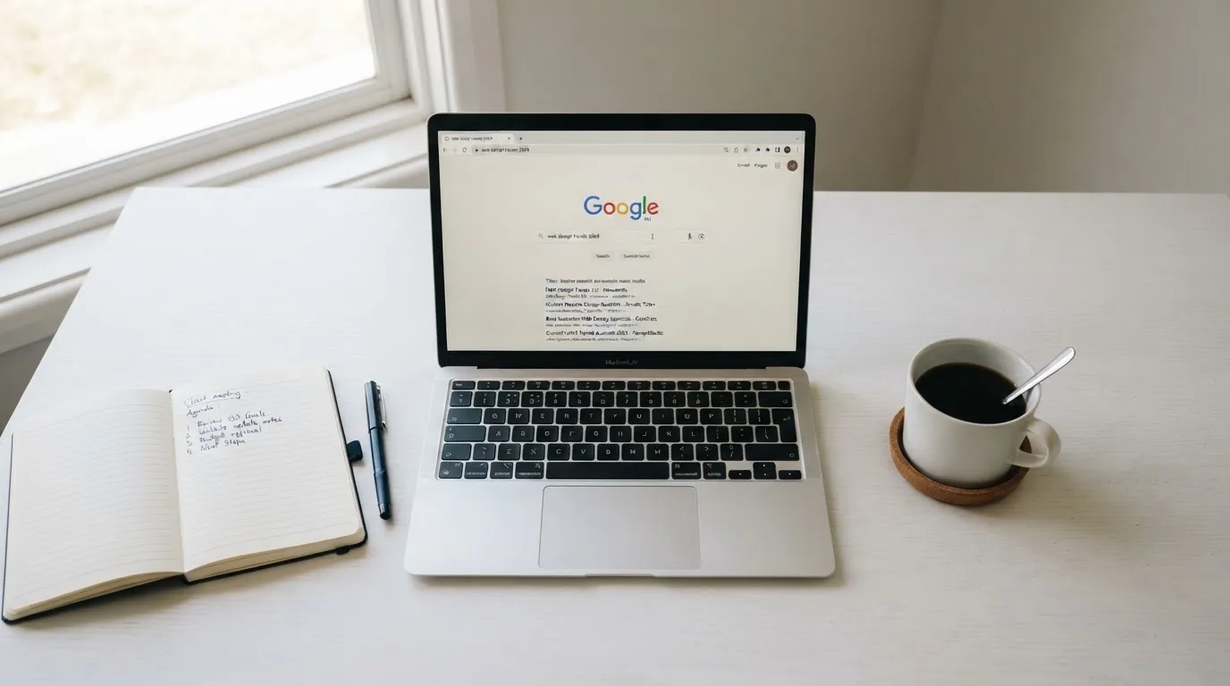 A tidy desk with a laptop open on a plain search-results page, a notebook and a coffee cup beside it, no screens showing any casino branding.