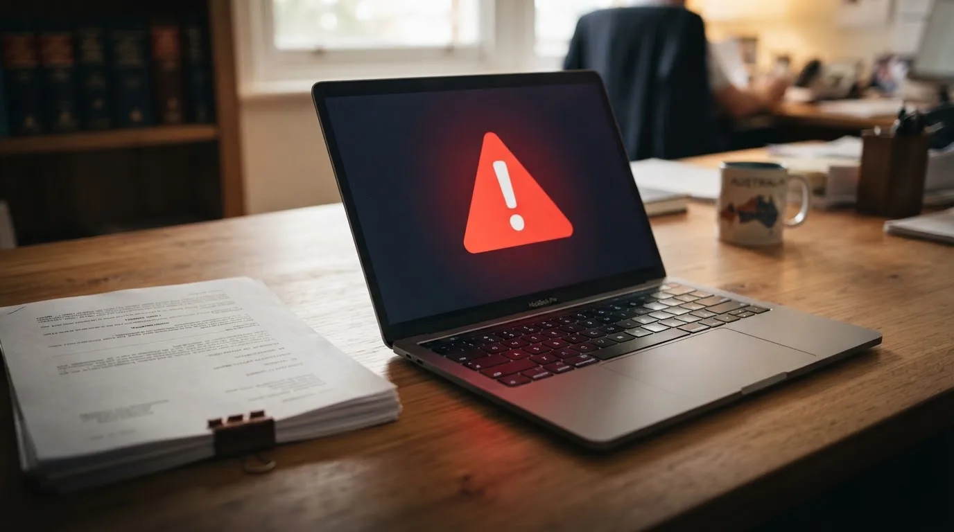 A red triangular warning sign icon on a laptop screen next to a stack of legal papers, symbolising an official caution rather than any specific website.
