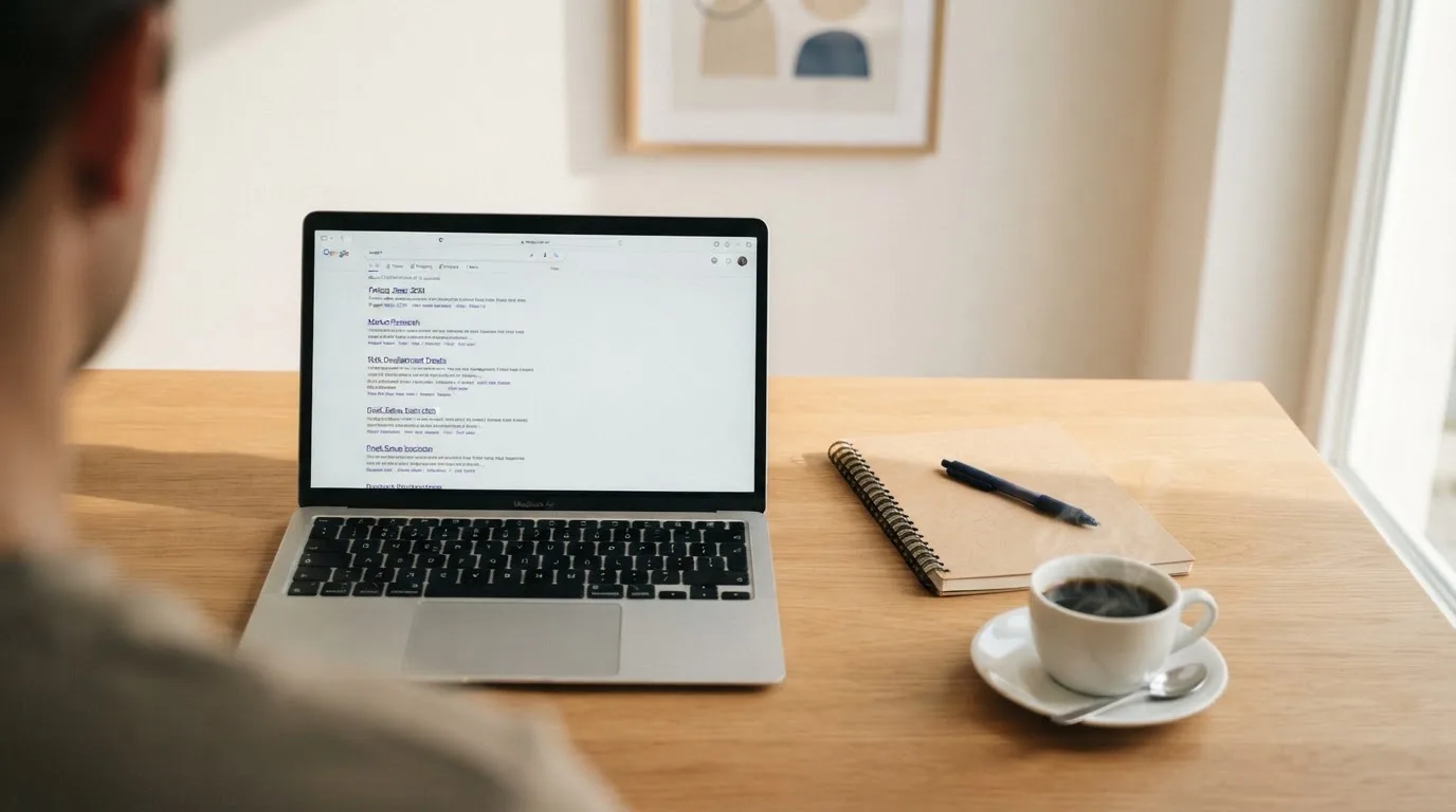 A tidy desk with a laptop open on a plain search-results page, a notebook and a coffee cup beside it, no screens showing any casino branding.