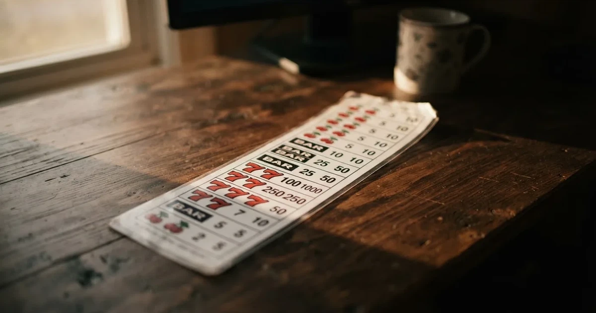 A printed strip of generic slot symbols and payout numbers laid on a desk, like a reference chart rather than a live game.
