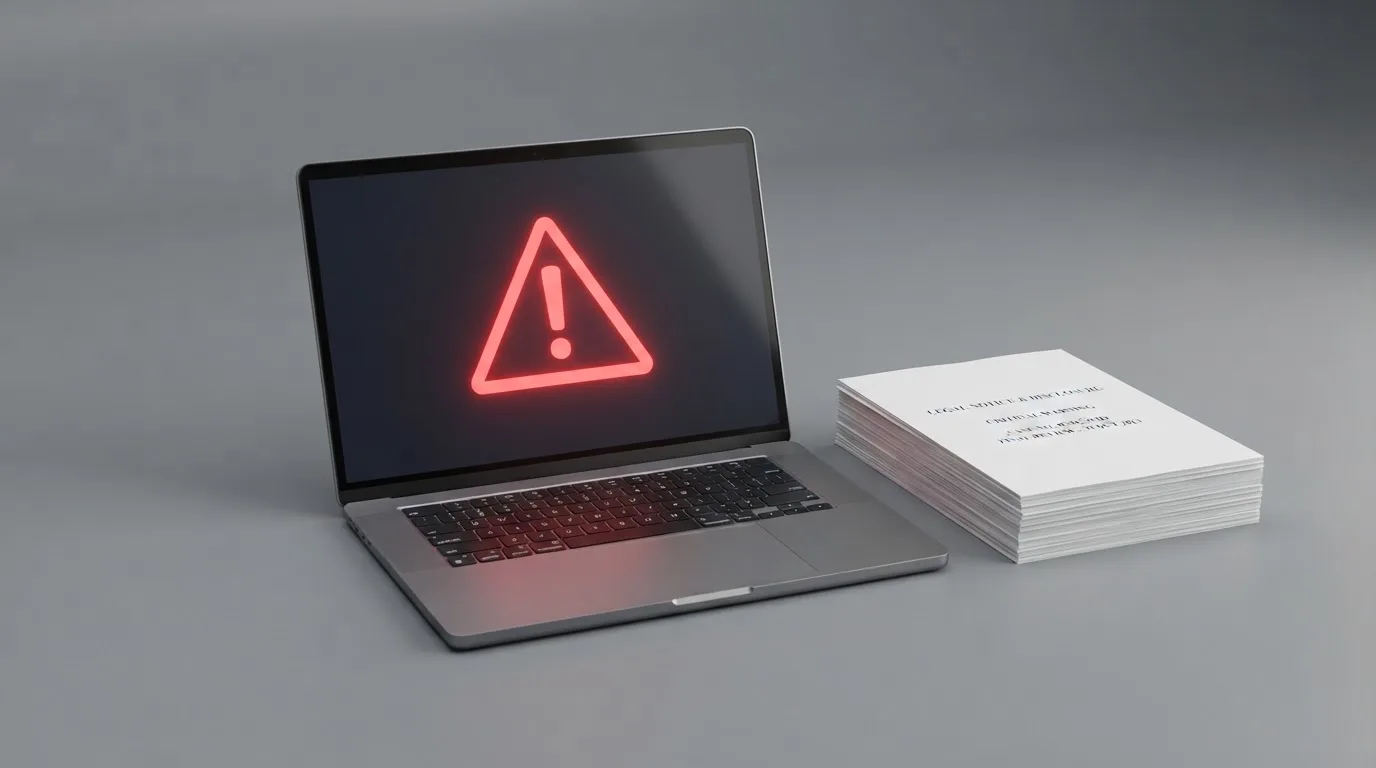 A red triangular warning sign icon on a laptop screen next to a stack of legal papers, symbolising an official caution rather than any specific website.