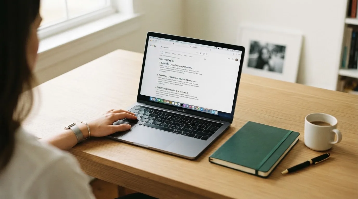 A tidy desk with a laptop open on a plain search-results page, a notebook and a coffee cup beside it, no screens showing any casino branding.