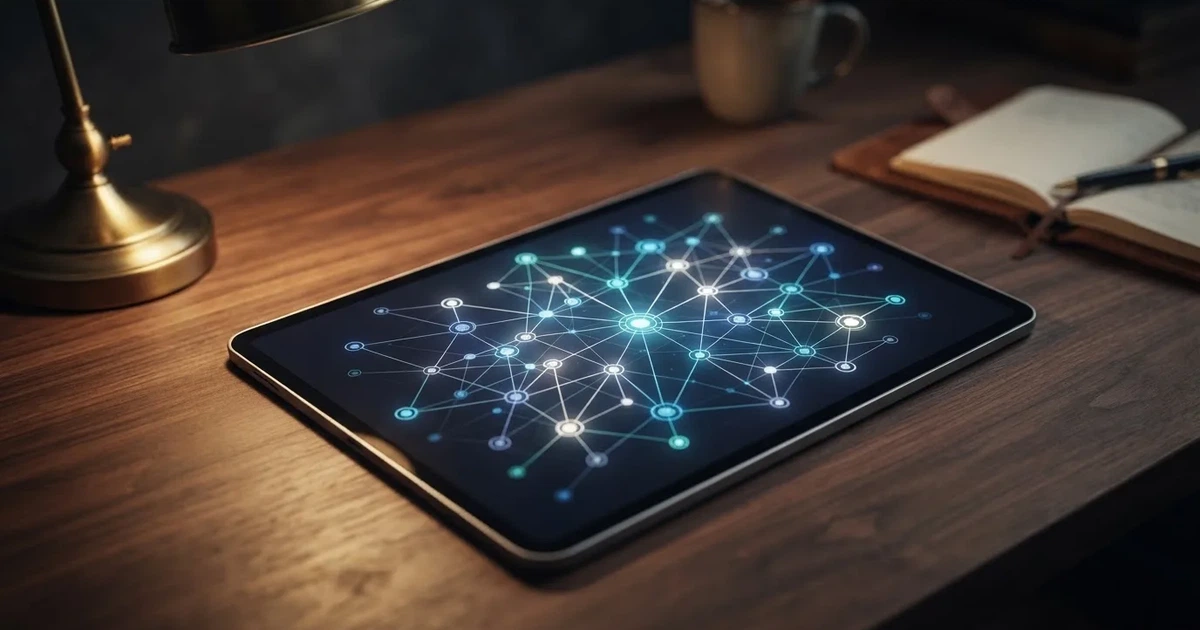 A network of glowing connected nodes displayed on a tablet screen, representing a distributed ledger diagram.