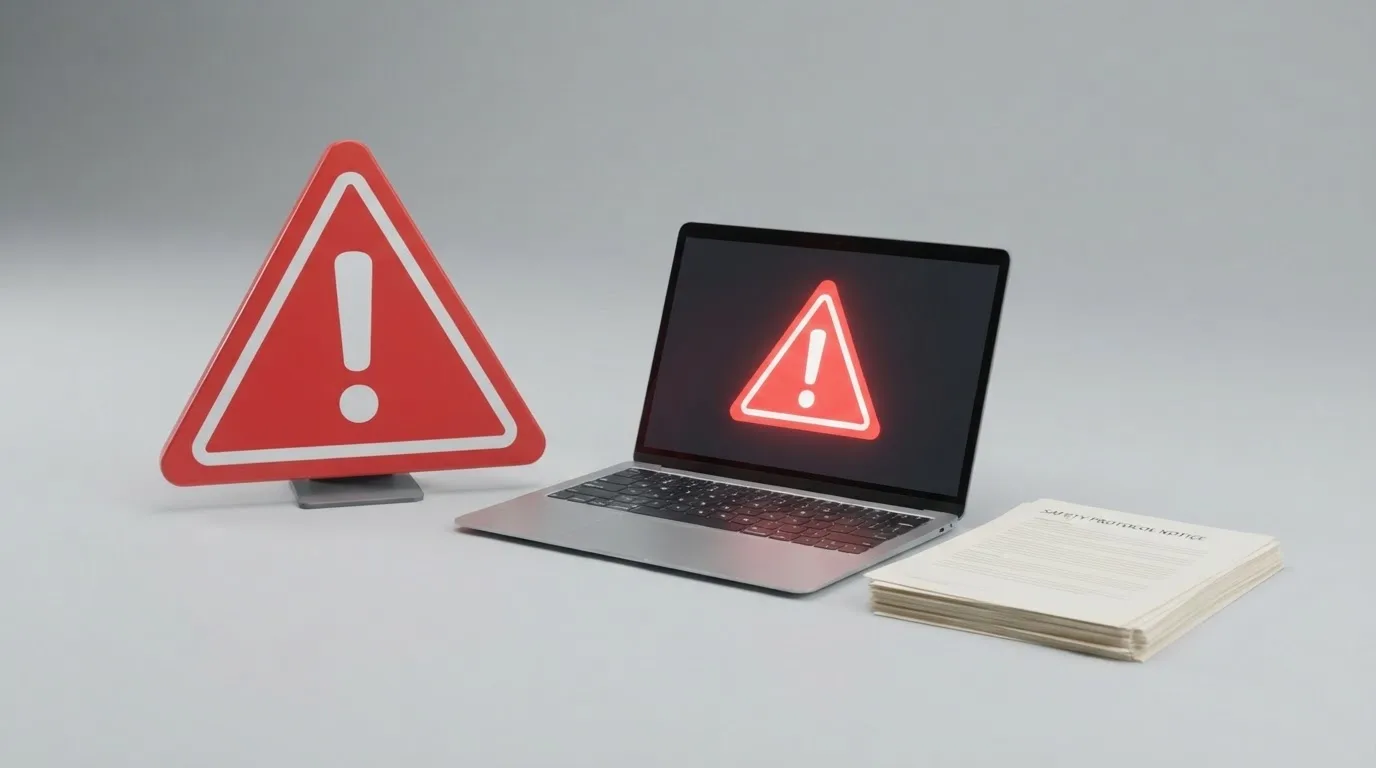 A red triangular warning sign icon on a laptop screen next to a stack of legal papers, symbolising an official caution rather than any specific website.