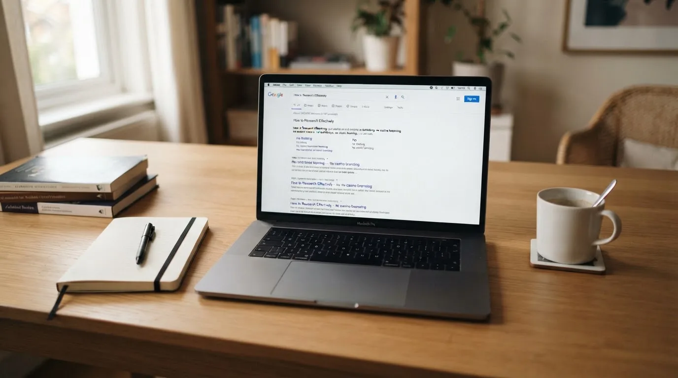 A tidy desk with a laptop open on a plain search-results page, a notebook and a coffee cup beside it, no screens showing any casino branding.
