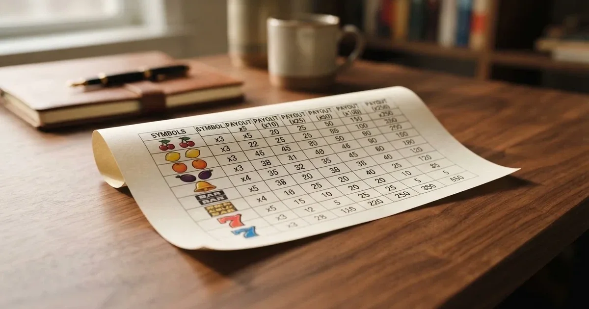A printed strip of generic slot symbols and payout numbers laid on a desk, like a reference chart rather than a live game.