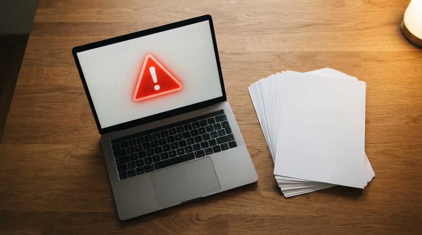 A red triangular warning sign icon on a laptop screen next to a stack of legal papers, symbolising an official caution rather than any specific website.