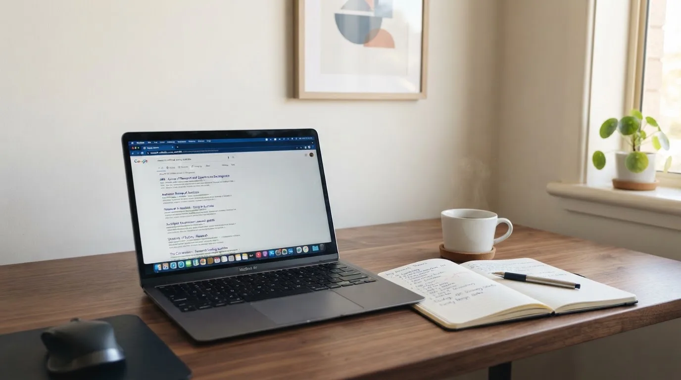 A tidy desk with a laptop open on a plain search-results page, a notebook and a coffee cup beside it, no screens showing any casino branding.