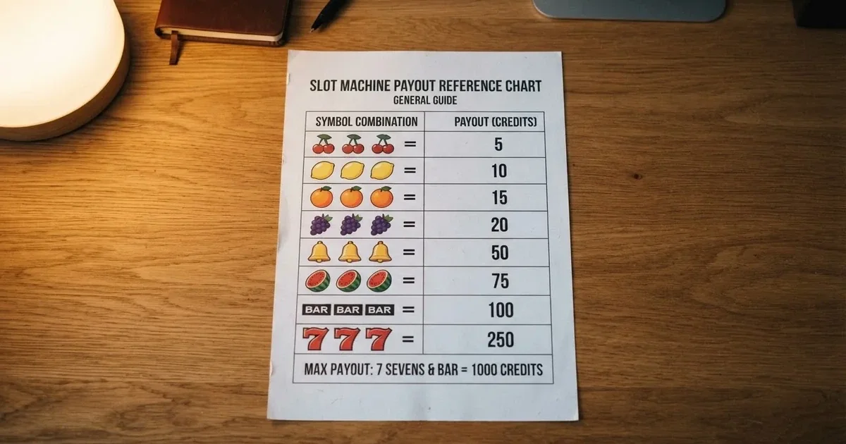 A printed strip of generic slot symbols and payout numbers laid on a desk, like a reference chart rather than a live game.