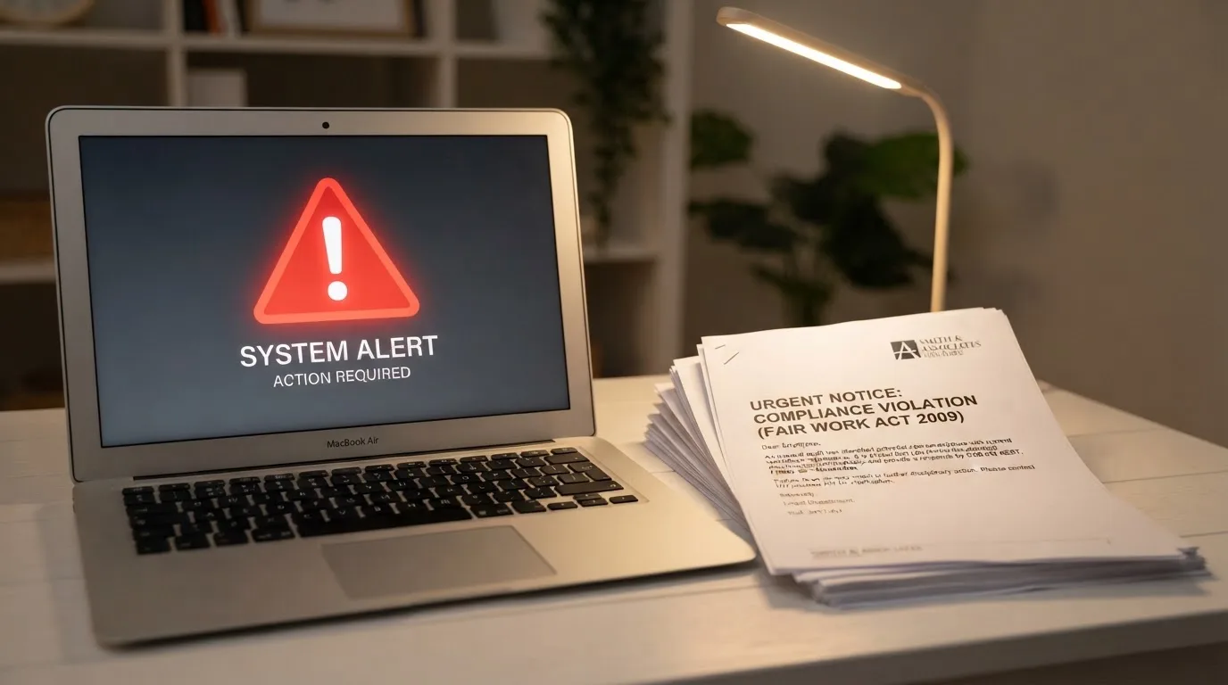 A red triangular warning sign icon on a laptop screen next to a stack of legal papers, symbolising an official caution rather than any specific website.
