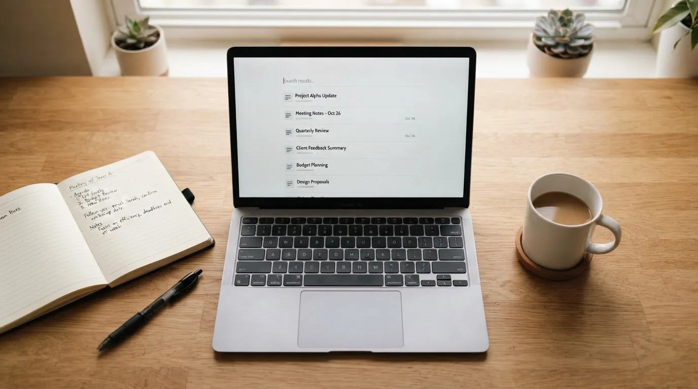 A tidy desk with a laptop open on a plain search-results page, a notebook and a coffee cup beside it, no screens showing any casino branding.
