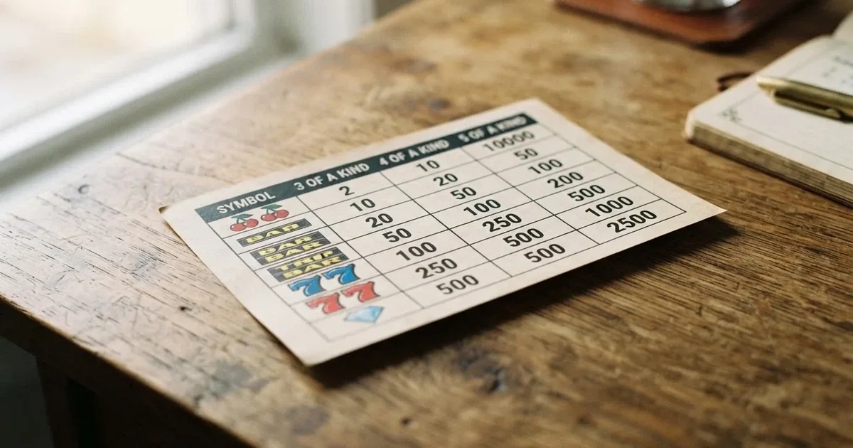 A printed strip of generic slot symbols and payout numbers laid on a desk, like a reference chart rather than a live game.