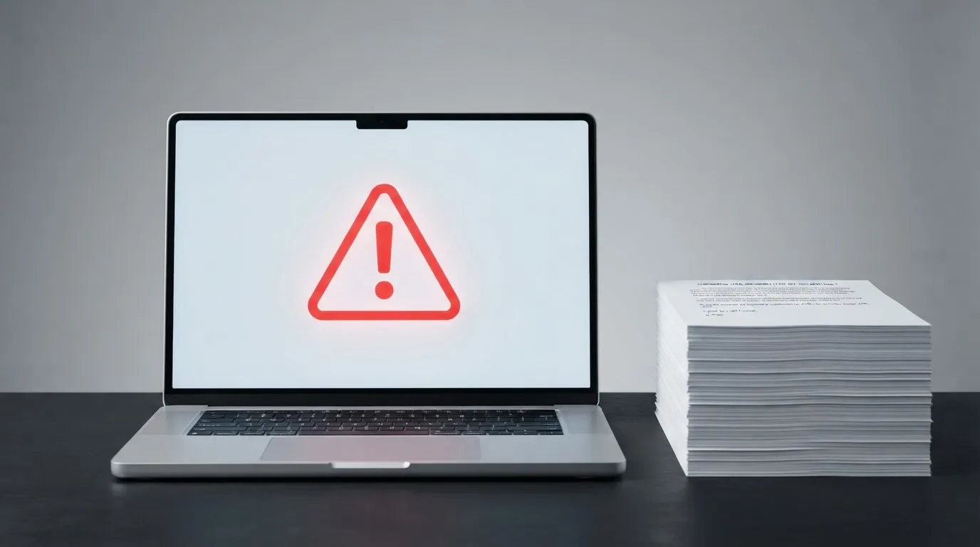 A red triangular warning sign icon on a laptop screen next to a stack of legal papers, symbolising an official caution rather than any specific website.