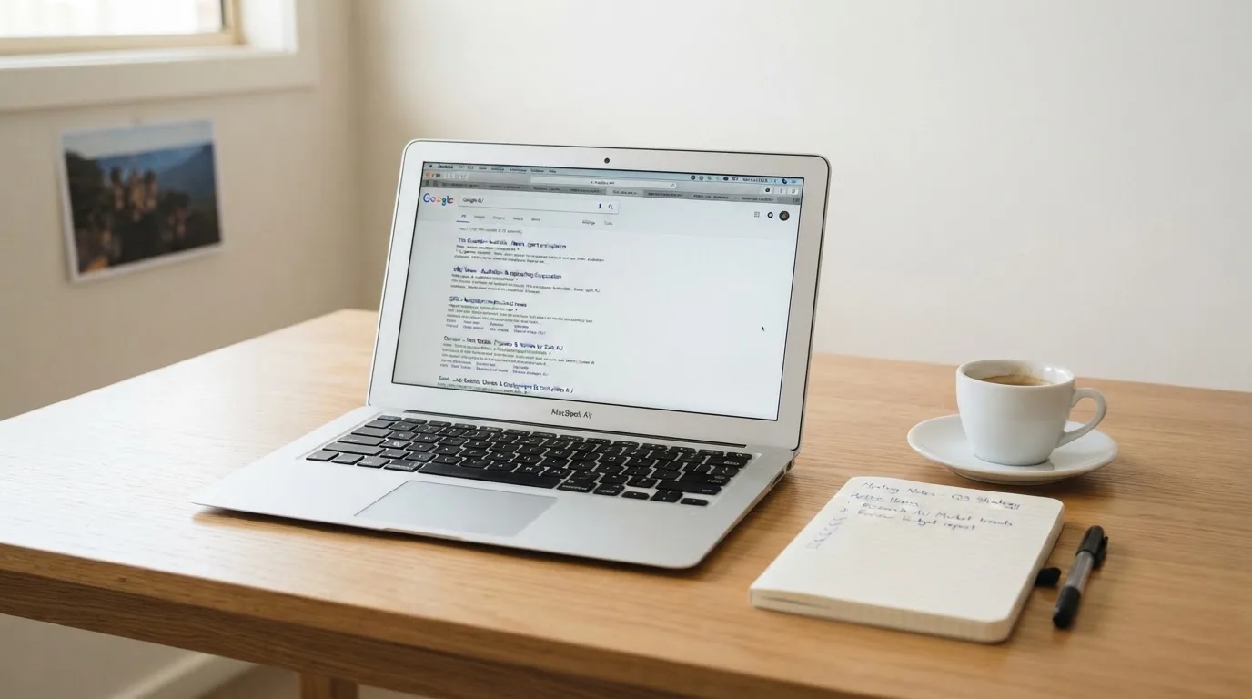 A tidy desk with a laptop open on a plain search-results page, a notebook and a coffee cup beside it, no screens showing any casino branding.