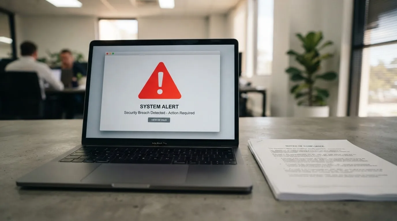 A red triangular warning sign icon on a laptop screen next to a stack of legal papers, symbolising an official caution rather than any specific website.