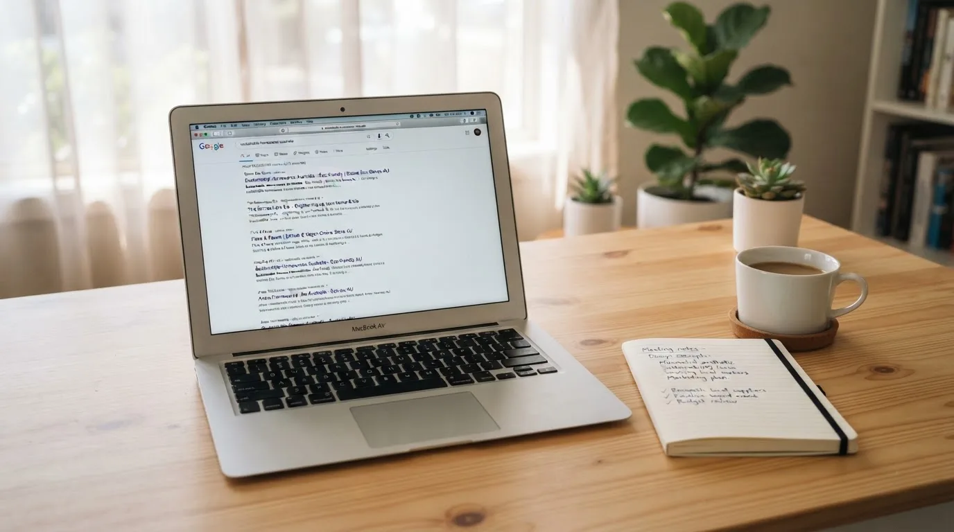 A tidy desk with a laptop open on a plain search-results page, a notebook and a coffee cup beside it, no screens showing any casino branding.
