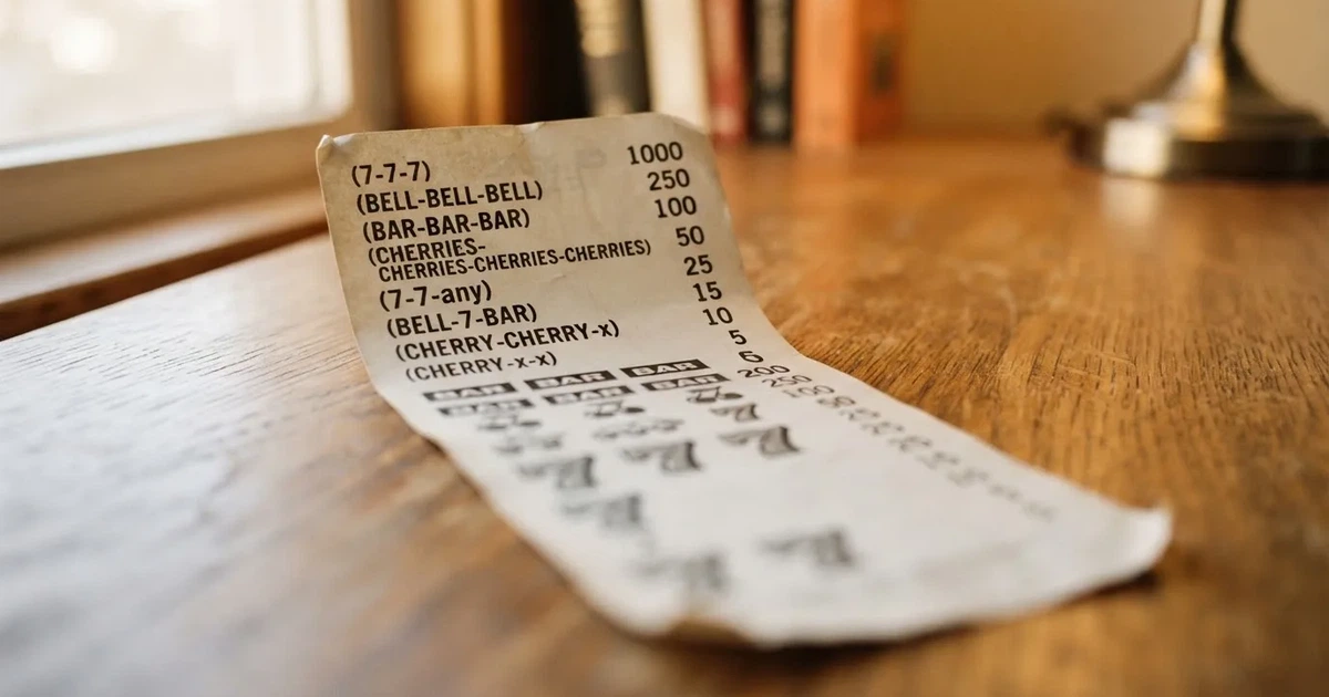 A printed strip of generic slot symbols and payout numbers laid on a desk, like a reference chart rather than a live game.