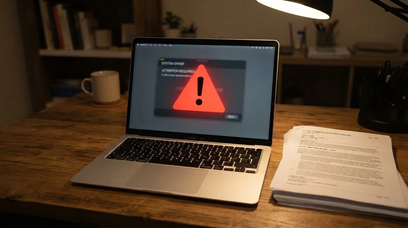 A red triangular warning sign icon on a laptop screen next to a stack of legal papers, symbolising an official caution rather than any specific website.