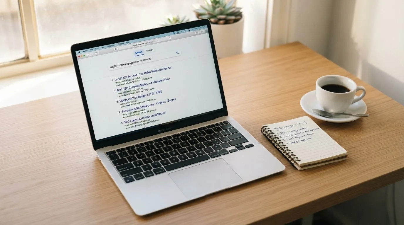 A tidy desk with a laptop open on a plain search-results page, a notebook and a coffee cup beside it, no screens showing any casino branding.