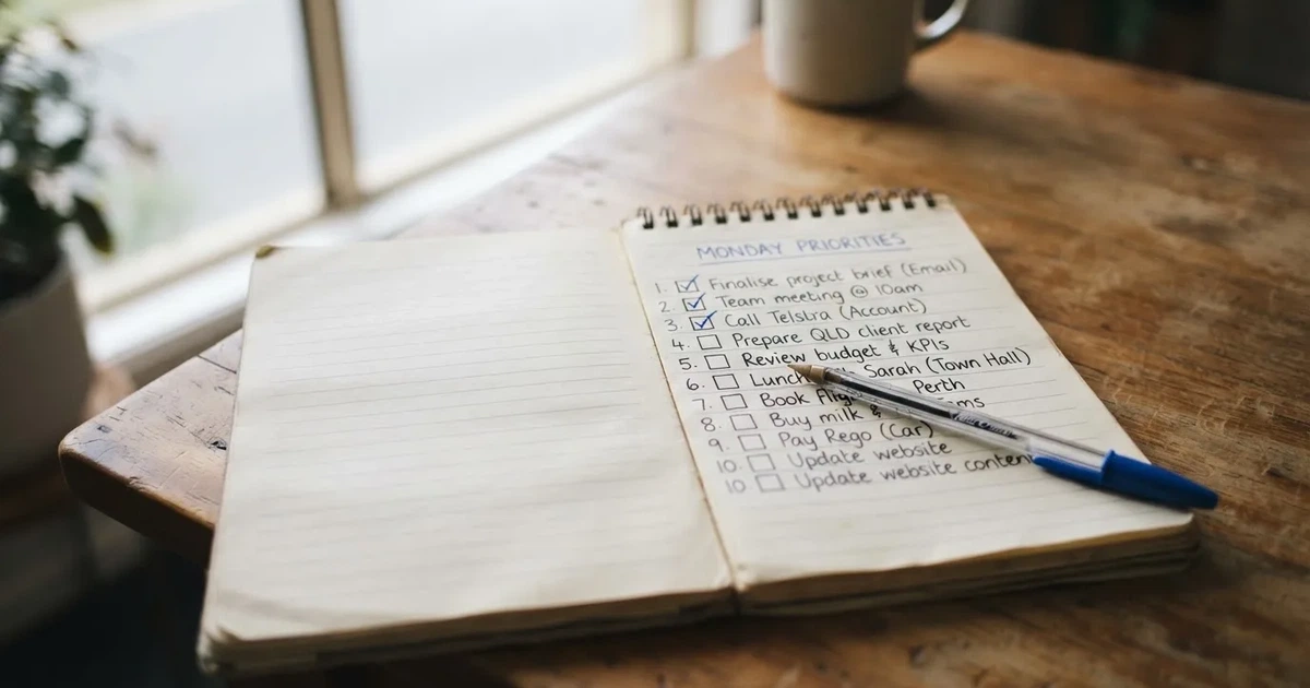 A notepad with a numbered list of blank lines and checkboxes, pen resting on top, suggesting a comparison in progress.