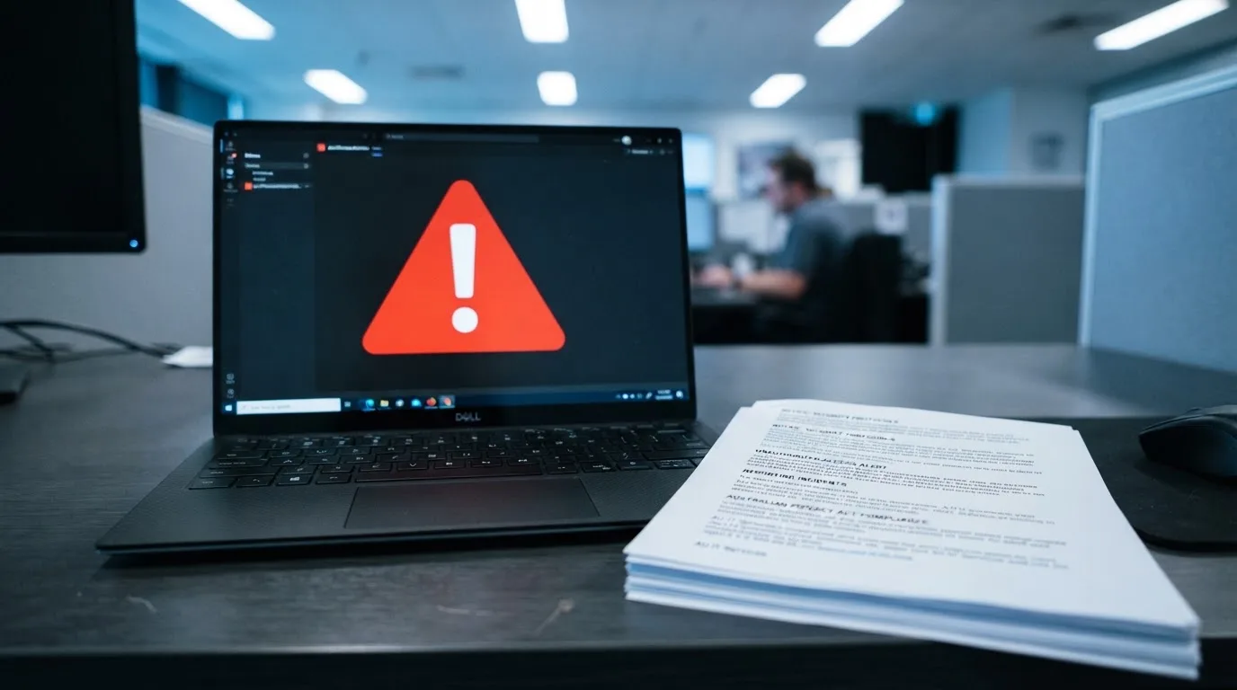 A red triangular warning sign icon on a laptop screen next to a stack of legal papers, symbolising an official caution rather than any specific website.
