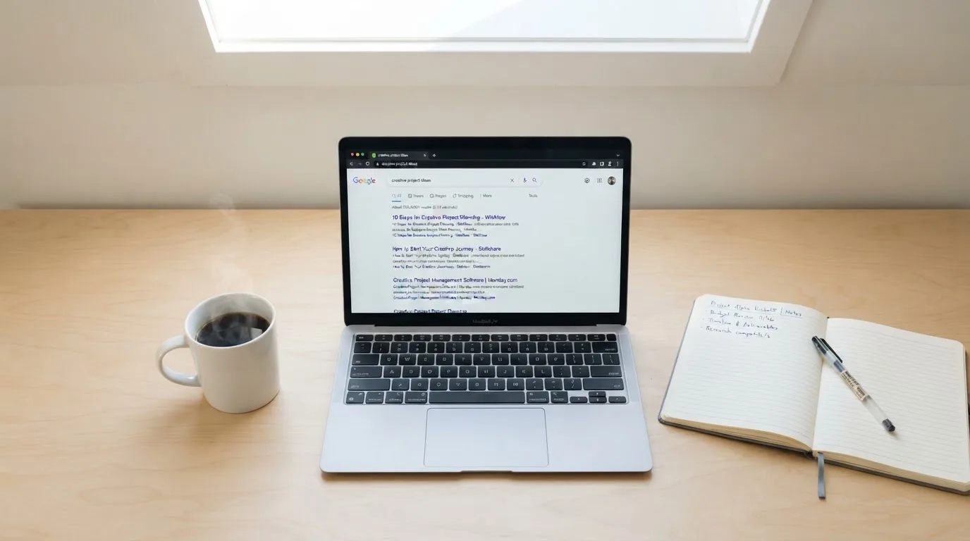 A tidy desk with a laptop open on a plain search-results page, a notebook and a coffee cup beside it, no screens showing any casino branding.
