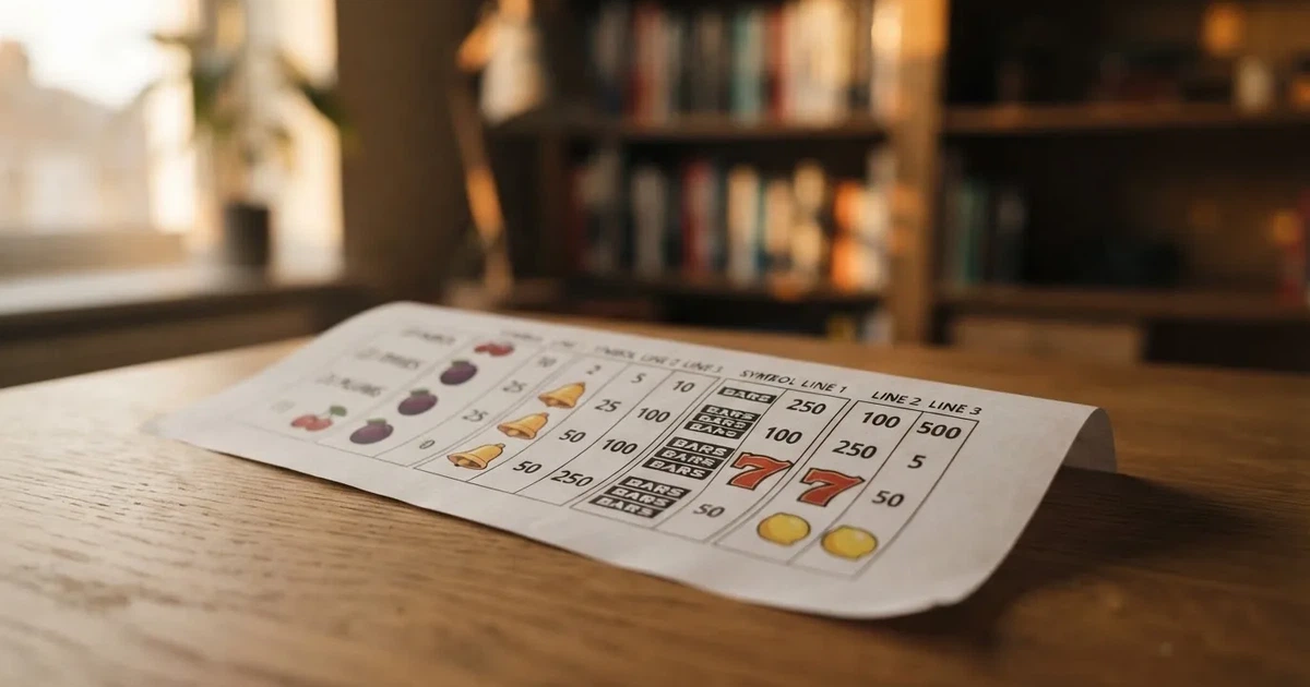 A printed strip of generic slot symbols and payout numbers laid on a desk, like a reference chart rather than a live game.