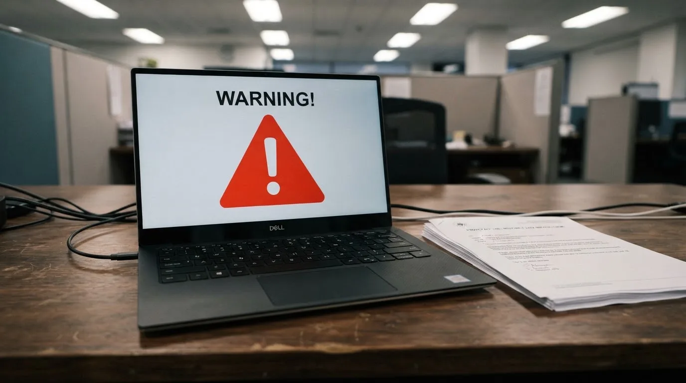 A red triangular warning sign icon on a laptop screen next to a stack of legal papers, symbolising an official caution rather than any specific website.
