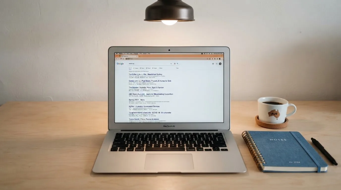 A tidy desk with a laptop open on a plain search-results page, a notebook and a coffee cup beside it, no screens showing any casino branding.