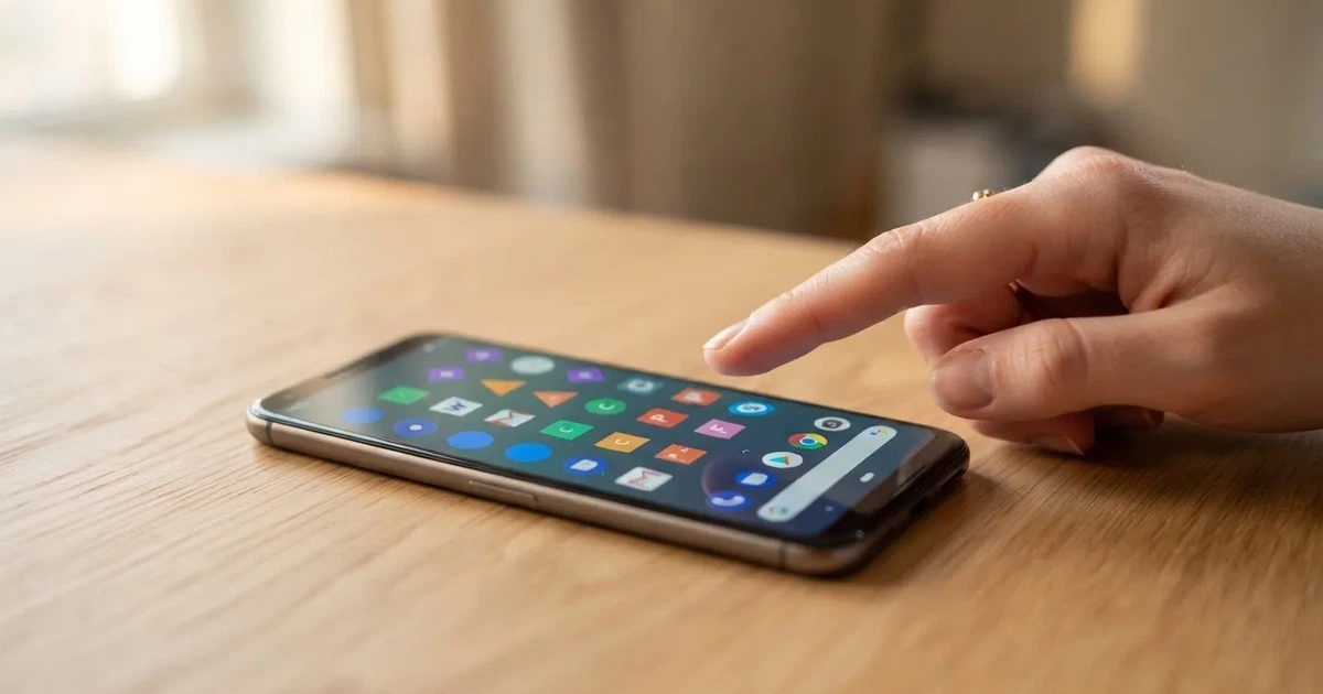 A hand tapping a smartphone screen showing generic app icons, none of them branded.