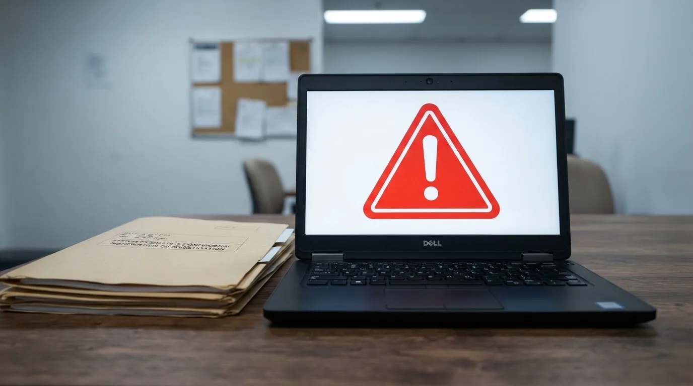 A red triangular warning sign icon on a laptop screen next to a stack of legal papers, symbolising an official caution rather than any specific website.