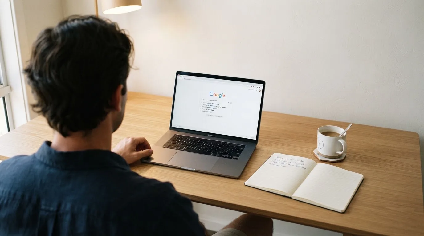 A tidy desk with a laptop open on a plain search-results page, a notebook and a coffee cup beside it, no screens showing any casino branding.