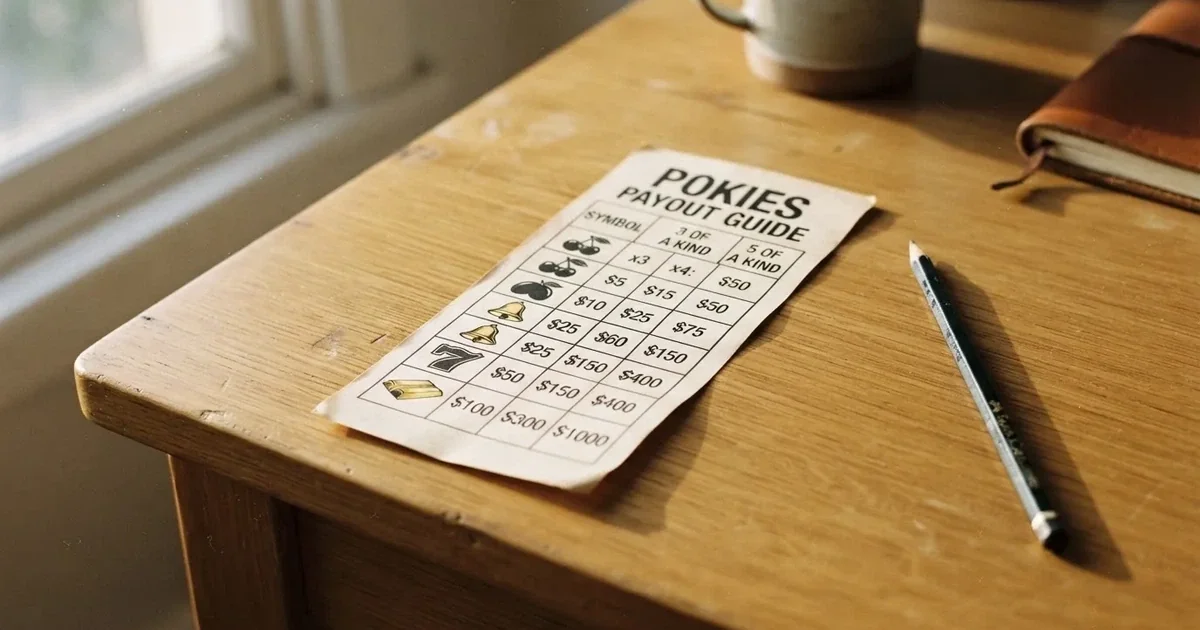 A printed strip of generic slot symbols and payout numbers laid on a desk, like a reference chart rather than a live game.