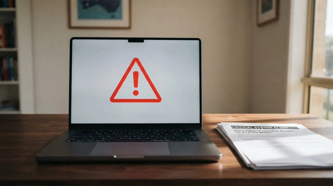 A red triangular warning sign icon on a laptop screen next to a stack of legal papers, symbolising an official caution rather than any specific website.