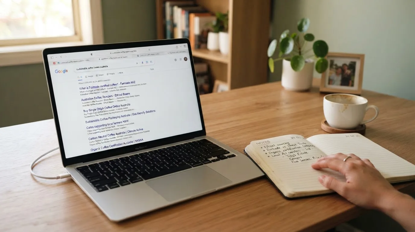 A tidy desk with a laptop open on a plain search-results page, a notebook and a coffee cup beside it, no screens showing any casino branding.