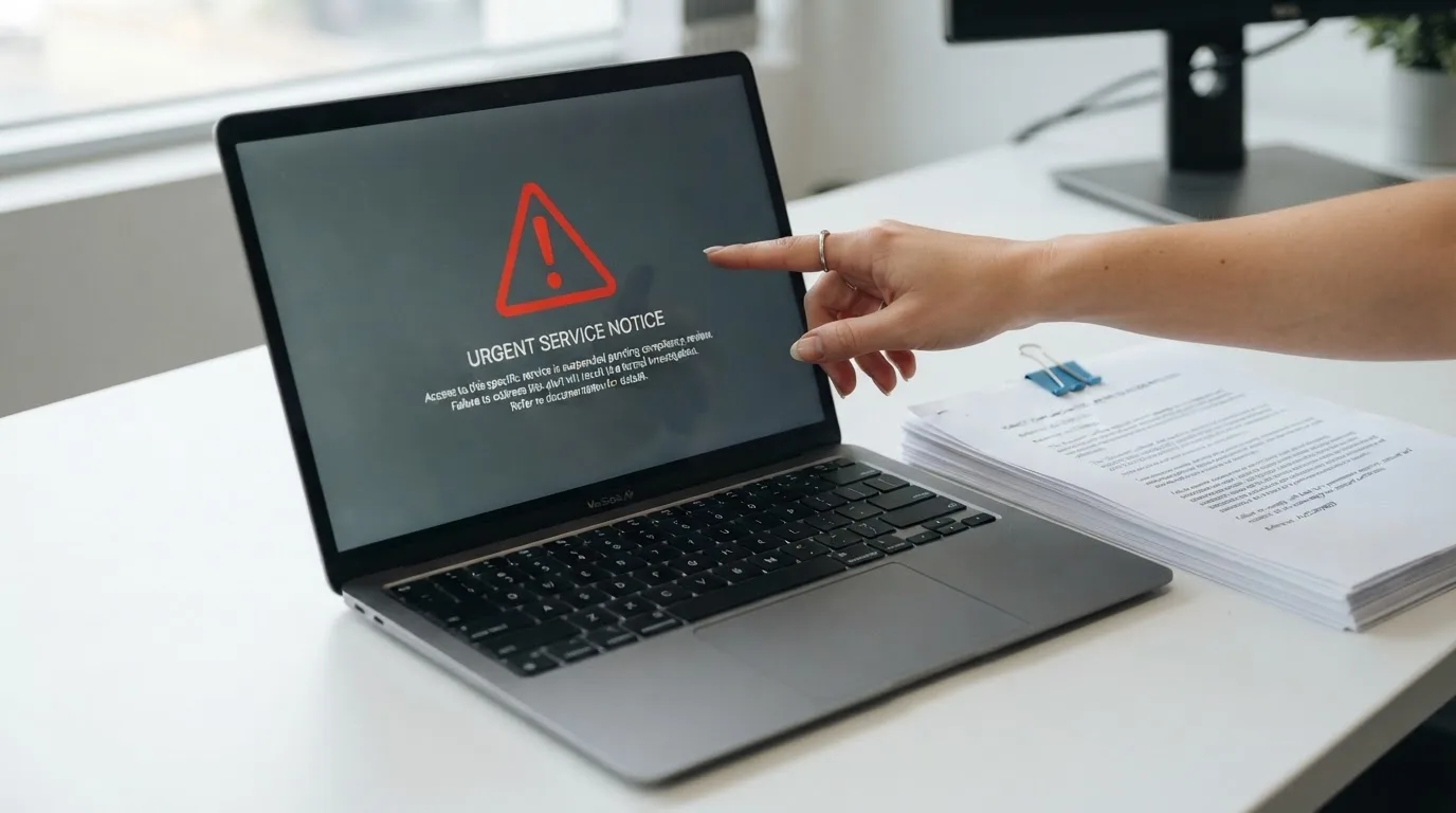 A red triangular warning sign icon on a laptop screen next to a stack of legal papers, symbolising an official caution rather than any specific website.