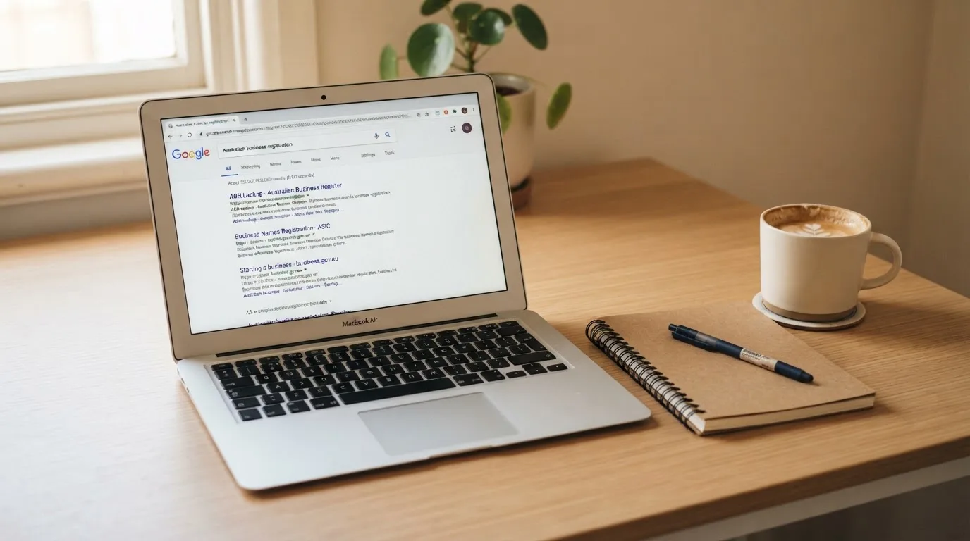 A tidy desk with a laptop open on a plain search-results page, a notebook and a coffee cup beside it, no screens showing any casino branding.