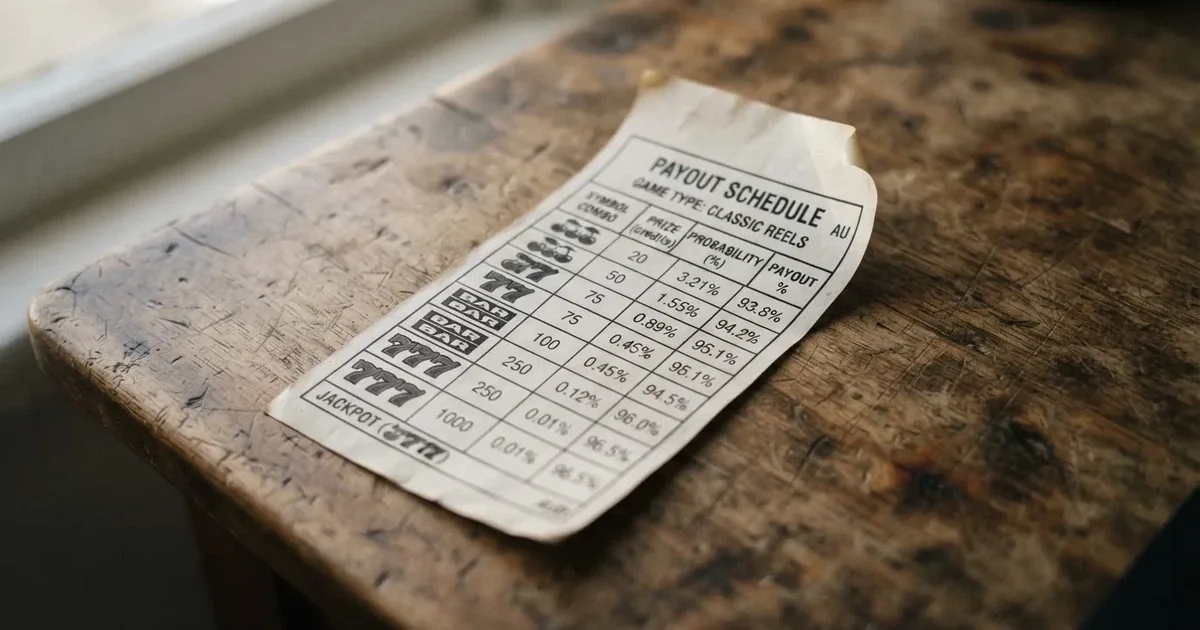 A printed strip of generic slot symbols and payout numbers laid on a desk, like a reference chart rather than a live game.