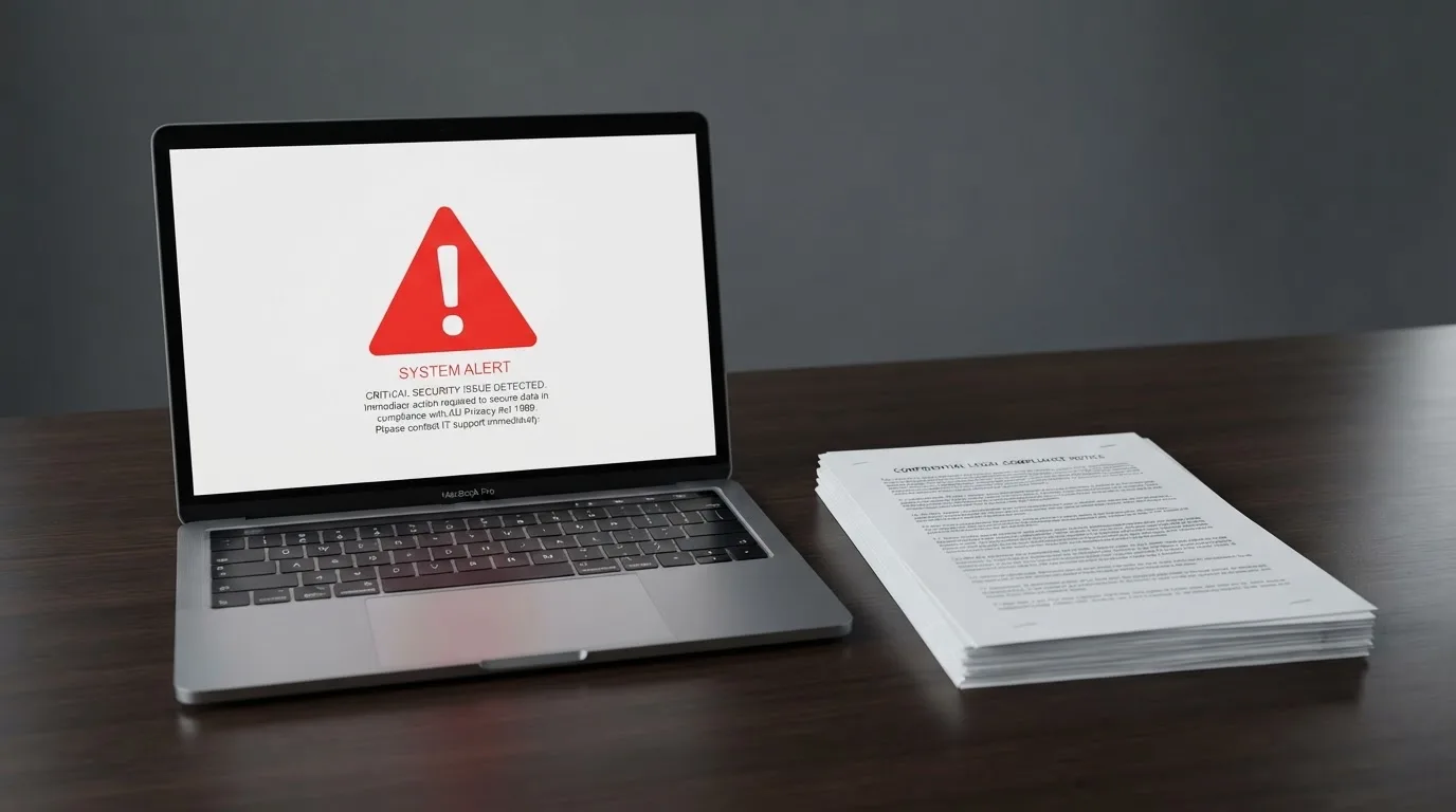 A red triangular warning sign icon on a laptop screen next to a stack of legal papers, symbolising an official caution rather than any specific website.