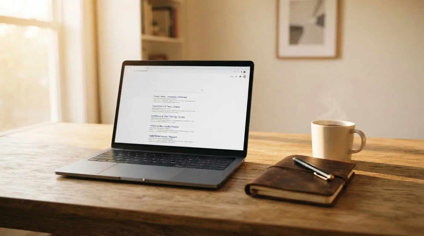 A tidy desk with a laptop open on a plain search-results page, a notebook and a coffee cup beside it, no screens showing any casino branding.