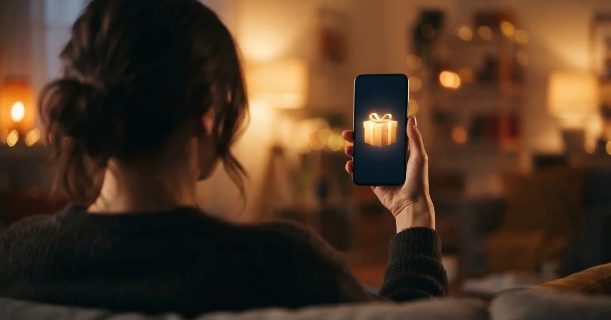 A gift box icon glowing on a phone screen, held at arm's length, suggesting an unopened offer rather than an active game.