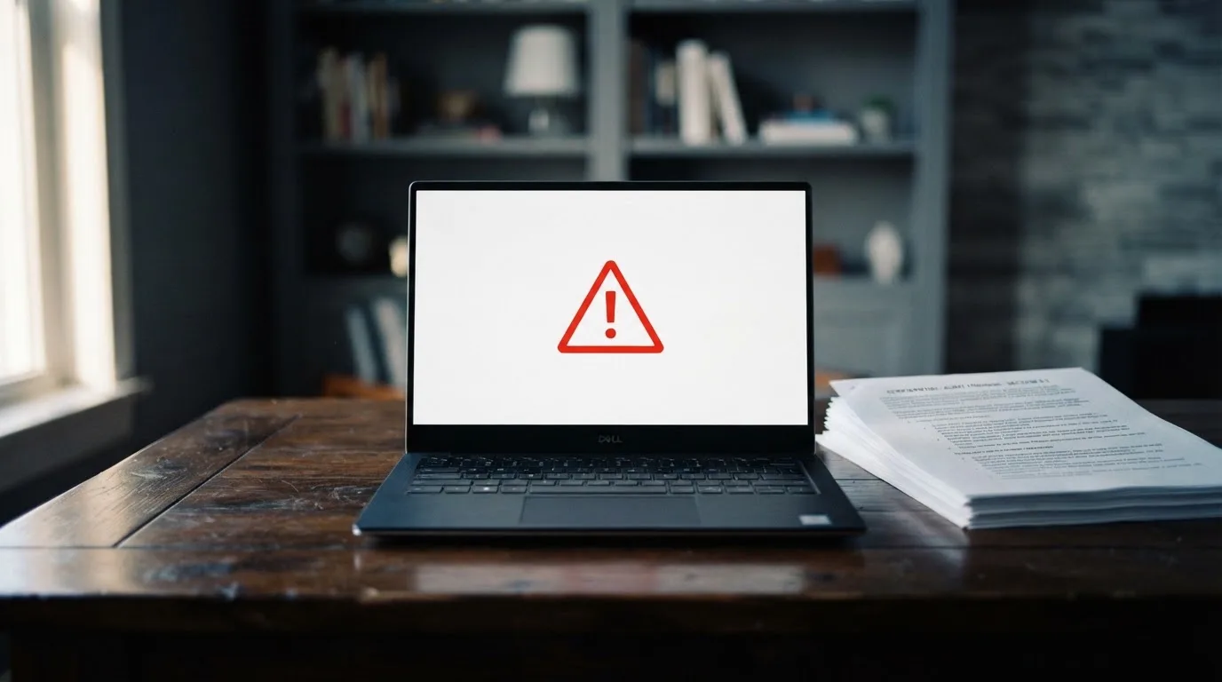 A red triangular warning sign icon on a laptop screen next to a stack of legal papers, symbolising an official caution rather than any specific website.
