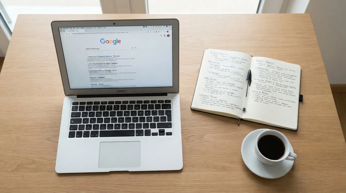 A tidy desk with a laptop open on a plain search-results page, a notebook and a coffee cup beside it, no screens showing any casino branding.
