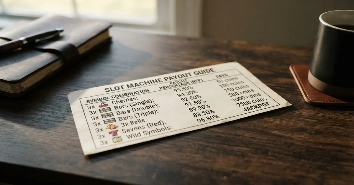 A printed strip of generic slot symbols and payout numbers laid on a desk, like a reference chart rather than a live game.