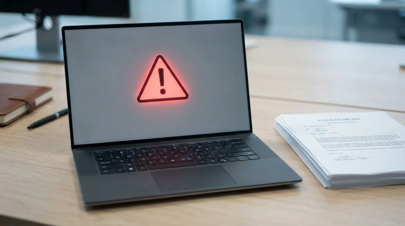 A red triangular warning sign icon on a laptop screen next to a stack of legal papers, symbolising an official caution rather than any specific website.