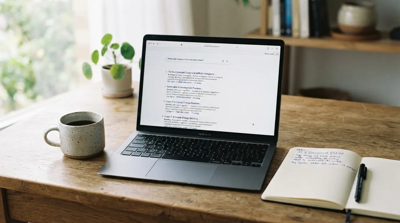 A tidy desk with a laptop open on a plain search-results page, a notebook and a coffee cup beside it, no screens showing any casino branding.