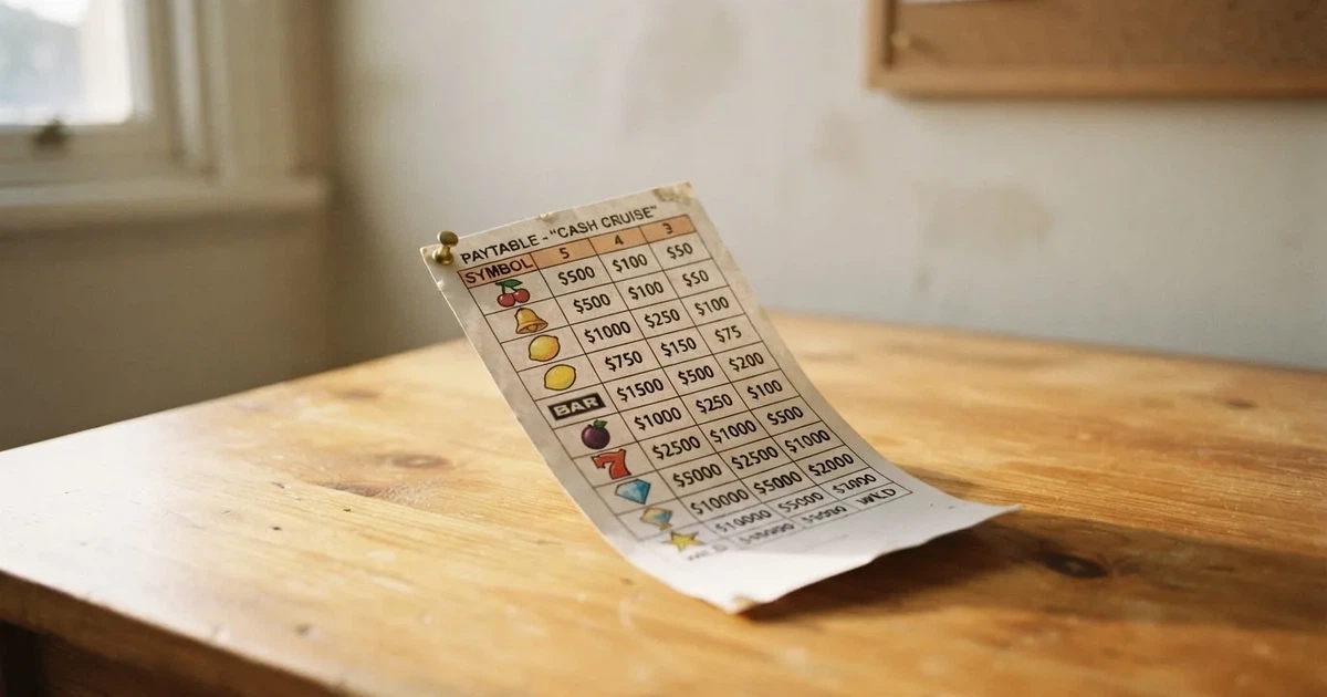 A printed strip of generic slot symbols and payout numbers laid on a desk, like a reference chart rather than a live game.