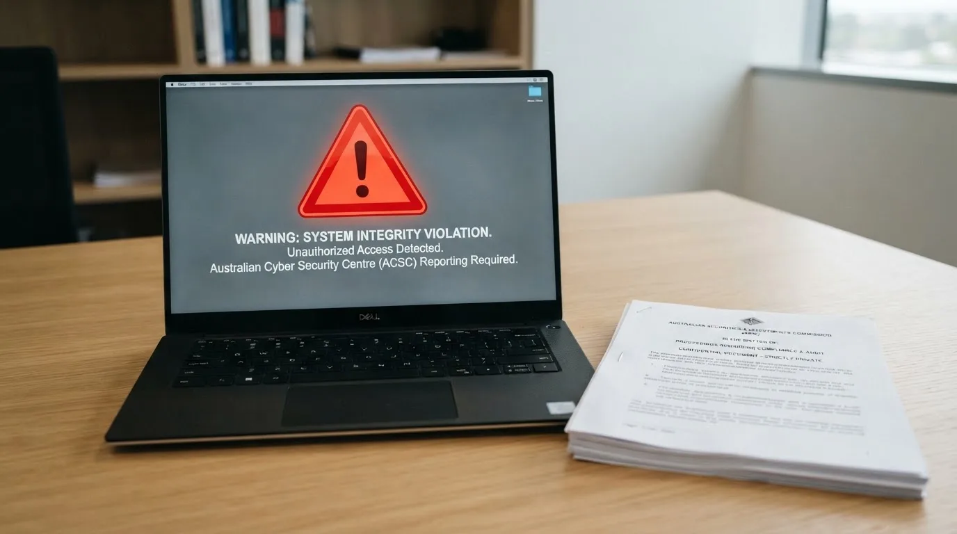 A red triangular warning sign icon on a laptop screen next to a stack of legal papers, symbolising an official caution rather than any specific website.