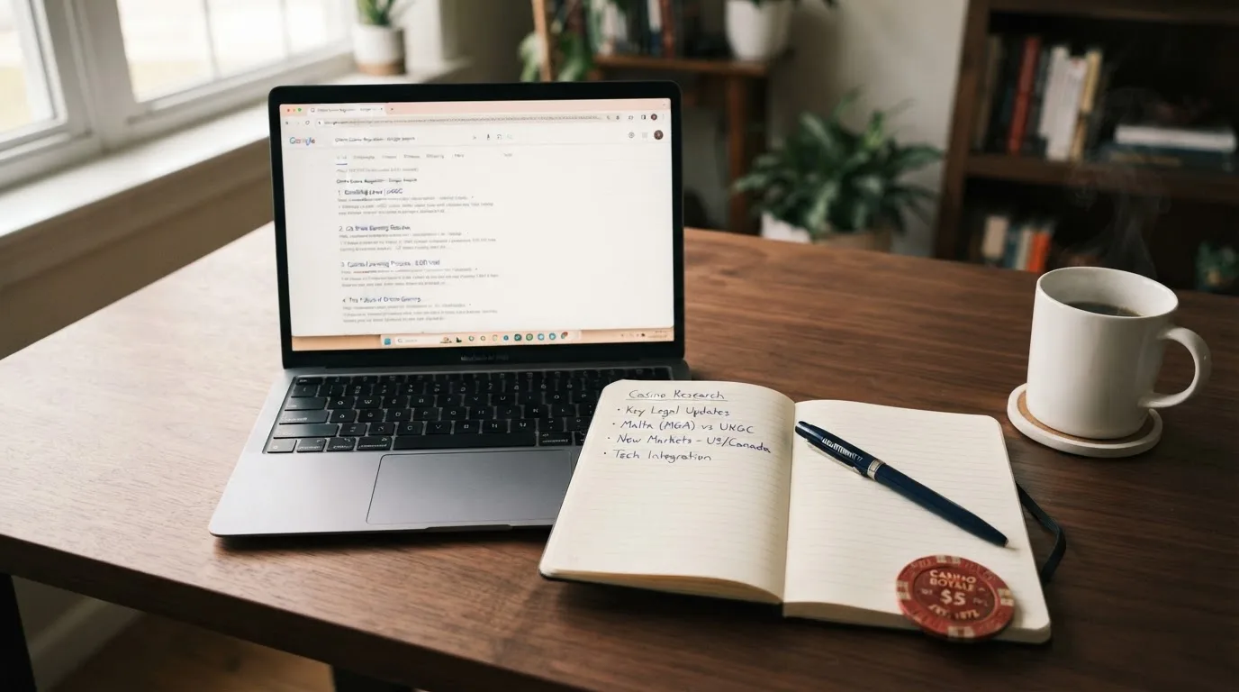 A tidy desk with a laptop open on a plain search-results page, a notebook and a coffee cup beside it, no screens showing any casino branding.